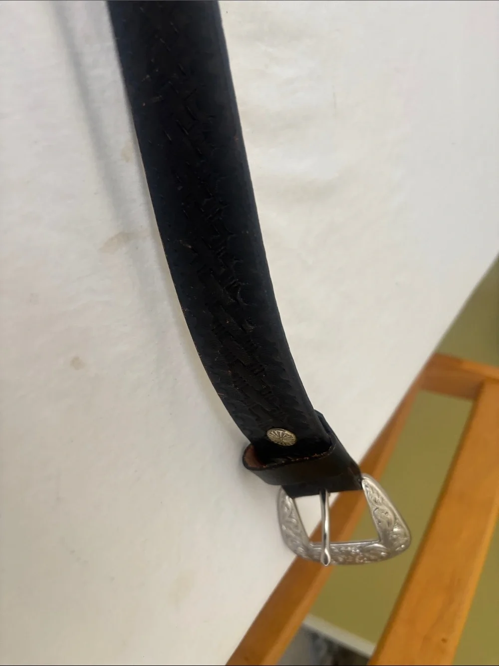 Black Woven Leather Belt with Silver Floral Buckle